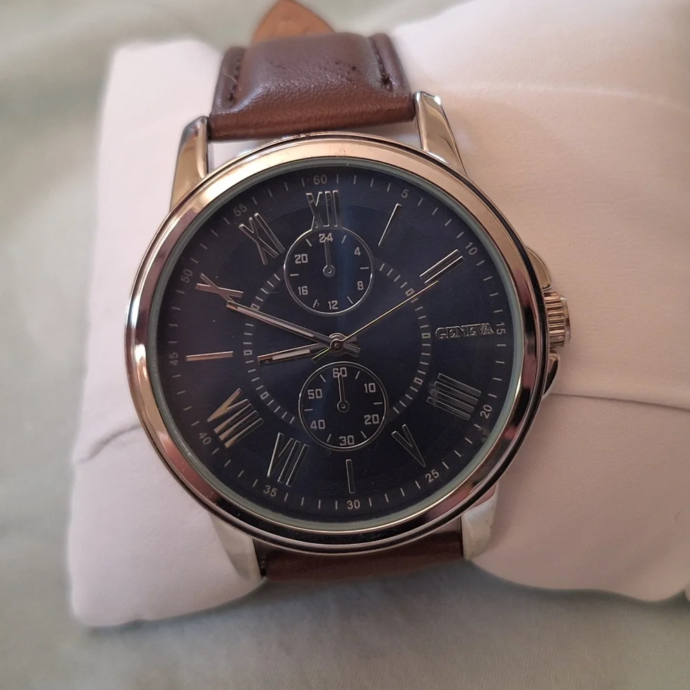 Geneva Blue and Silver Watch with Brown Leather Strap - Picture 2 of 6